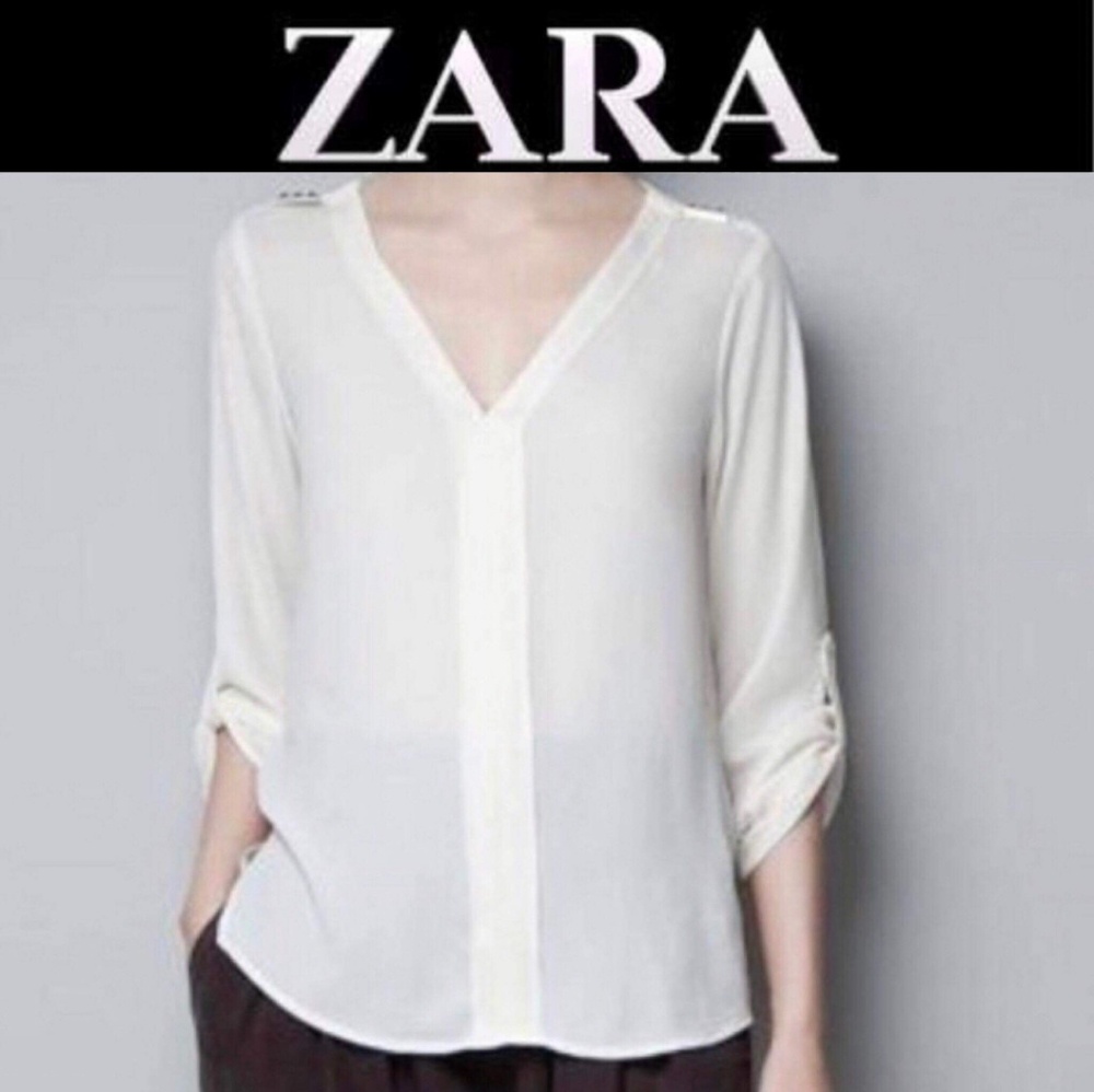 Zara Basic Studded Shoulder V Neck Blouse Xs - image 1